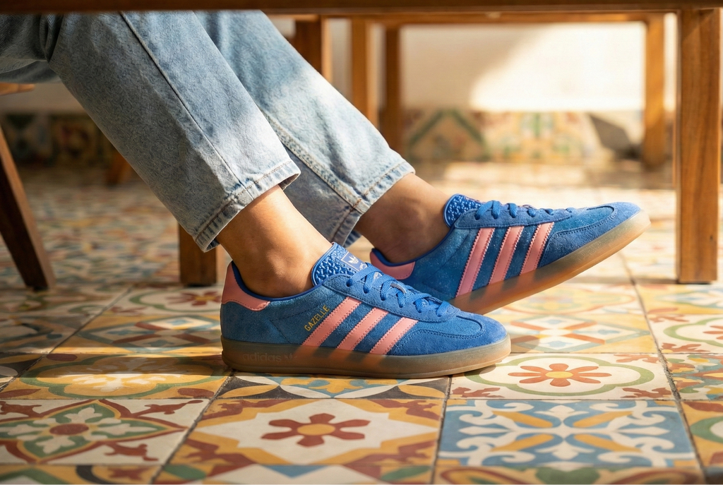 A women wearing Adidas Gazelle Indoor Shoes in a restaurant