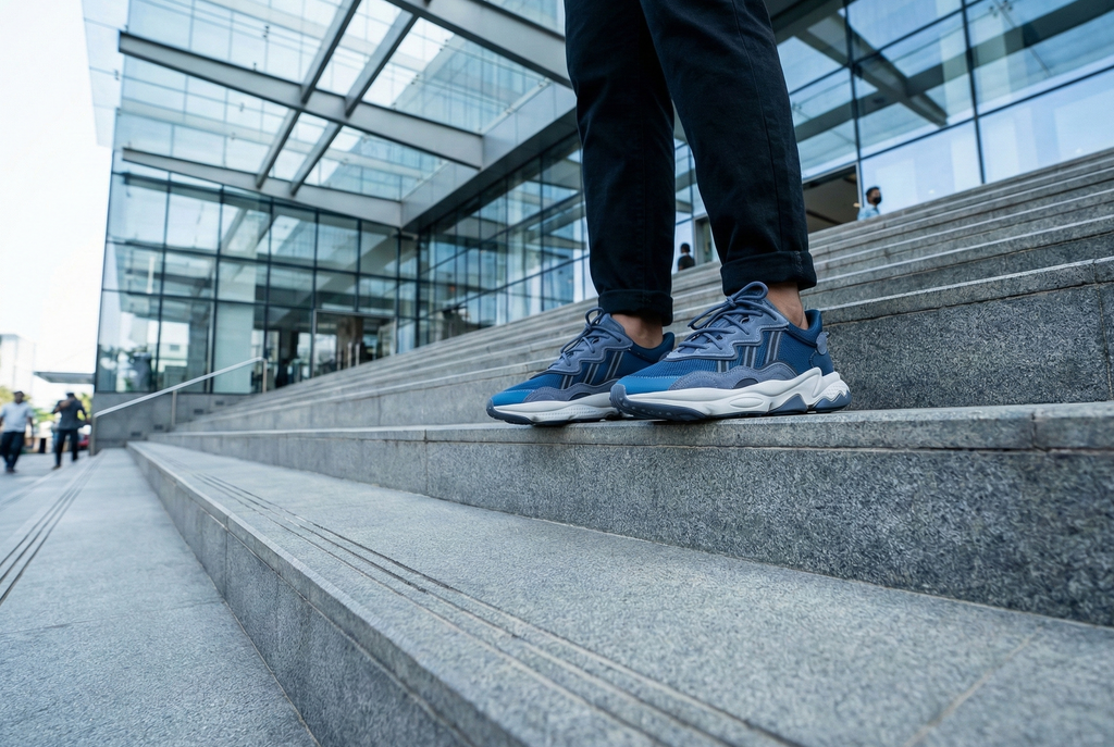 Person wearing blue Adidas Ozweego shoes on stone steps with a modern building in the background