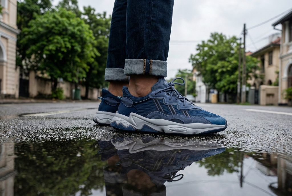 Blue Adidas Ozweego Shoes sneakers on a reflective wet pavement with a city street background