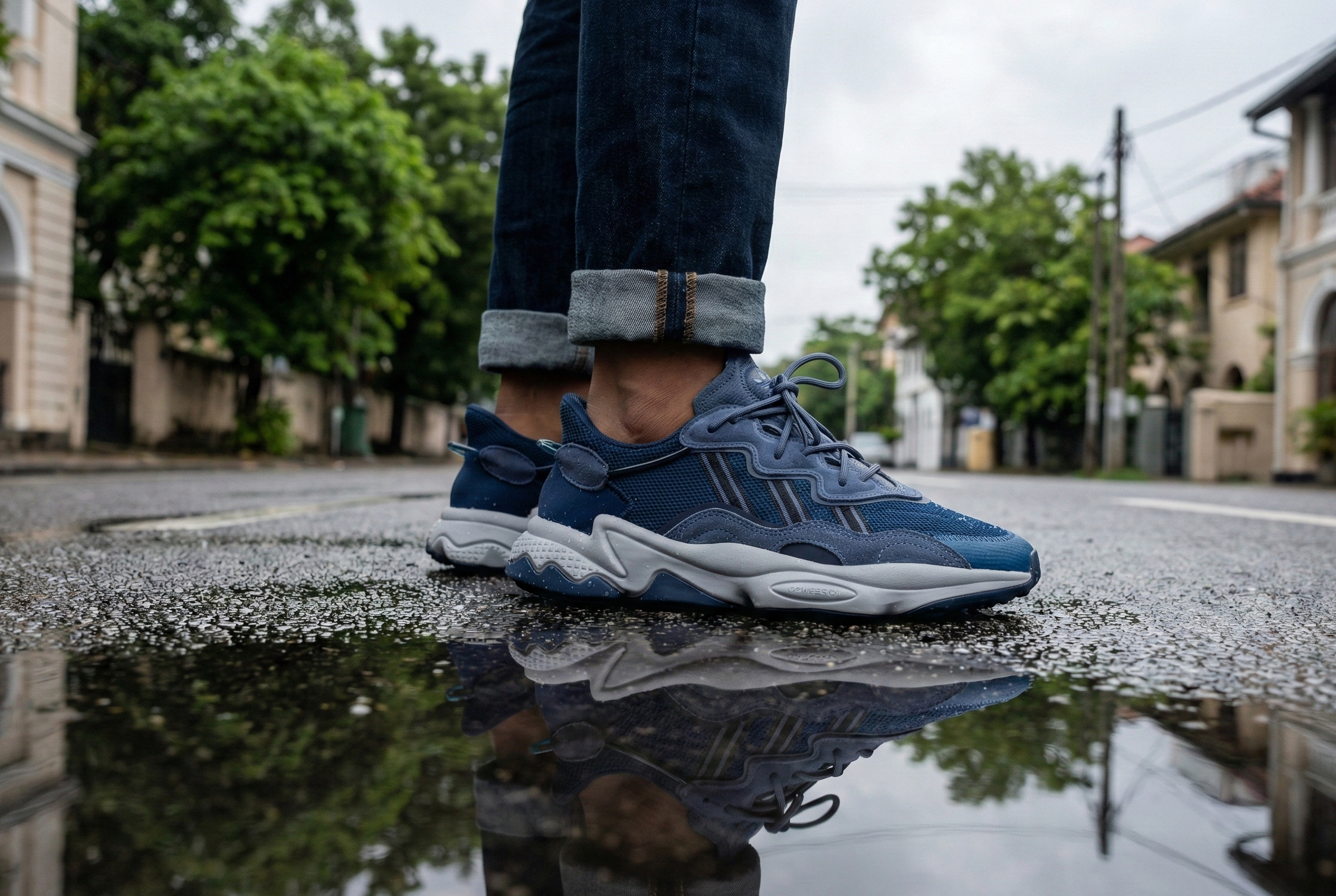 Blue Adidas Ozweego Shoes sneakers on a reflective wet pavement with a city street background