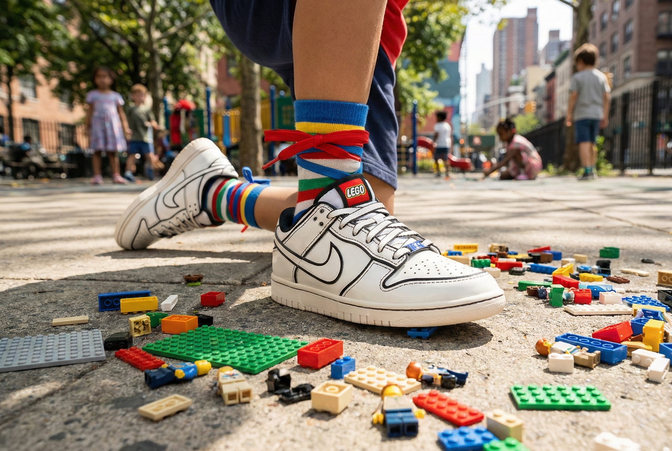 A kids wearing colorful socks with Nike Dunk Low x LEGO® Collection sneaker, standing on a sidewalk with scattered building blocks.