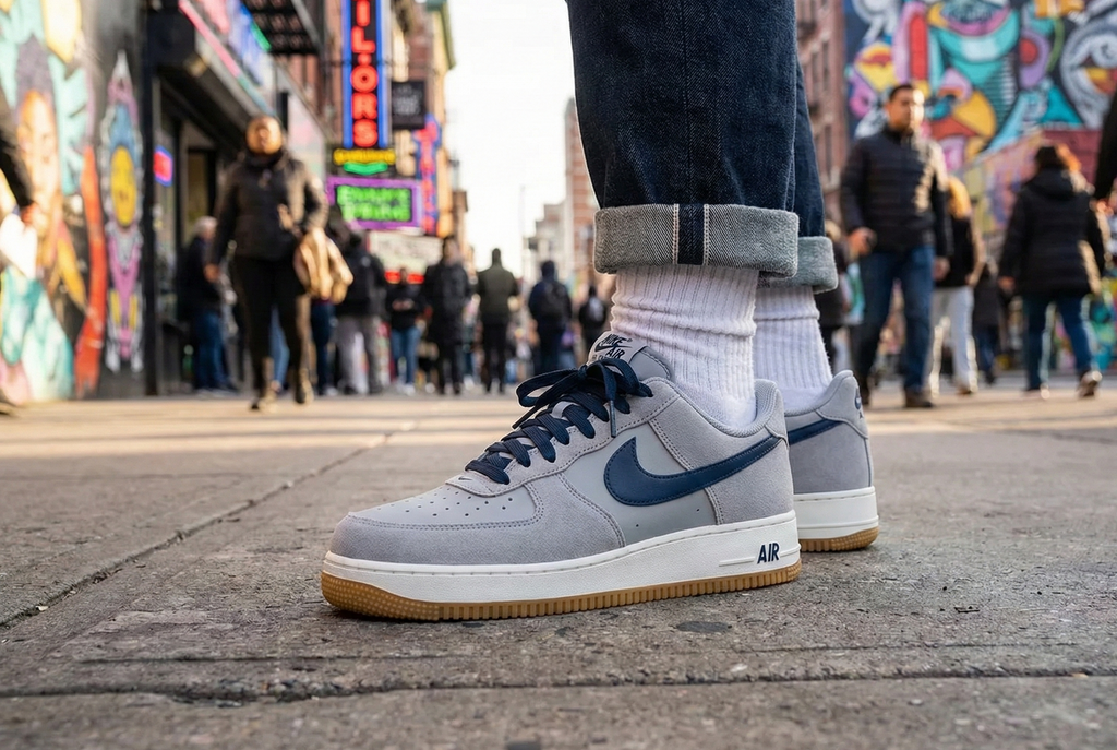 Person wearing gray Nike Air Force 1 sneakers with blue accents on a city street.