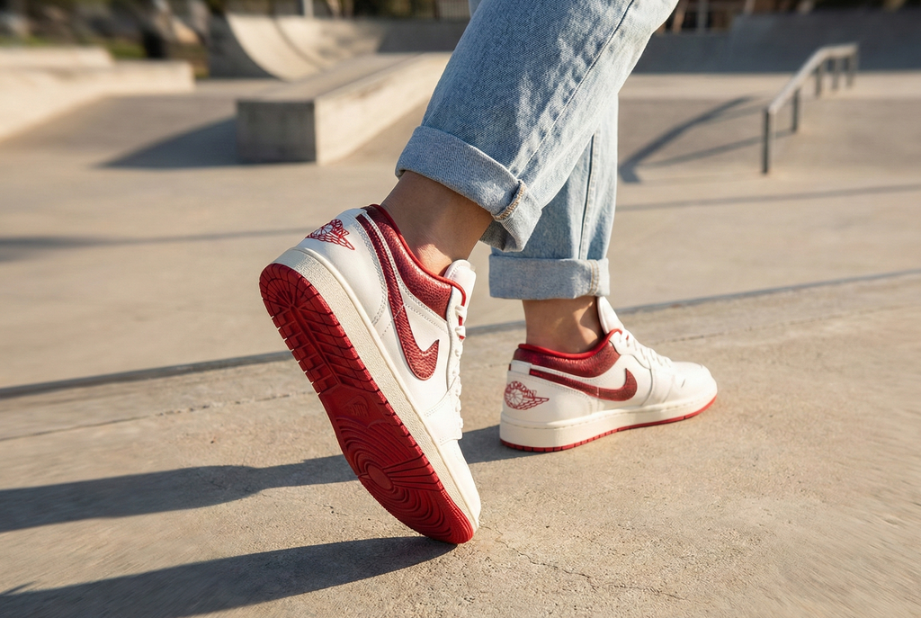 Air Jordan 1 Low SE sneakers with red swoosh logo worn by a person on a concrete surface.