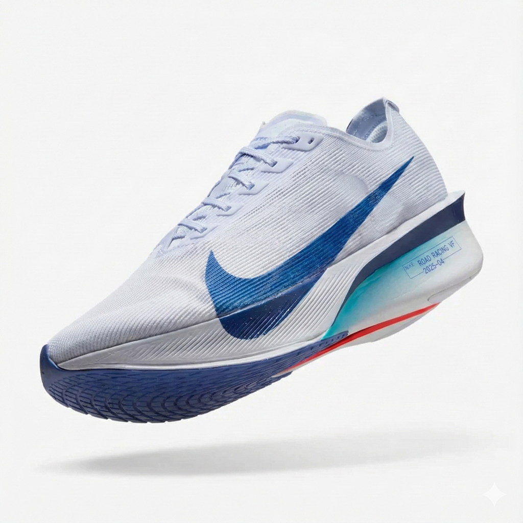 White running shoe with blue swoosh logo on a light gray background