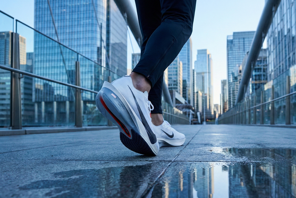 Person wearing white Nike Vaporfly 4 sneakers with a cityscape background. Luxuntique Sri Lanka