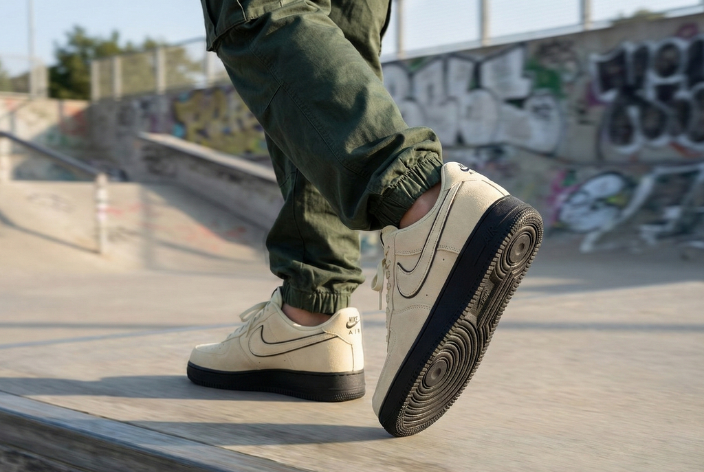 Person wearing beige Nike Air Force 1 '07 LV8 sneakers with a black sole, standing on a concrete surface with graffiti in the background. Luxuntique Sri Lanka