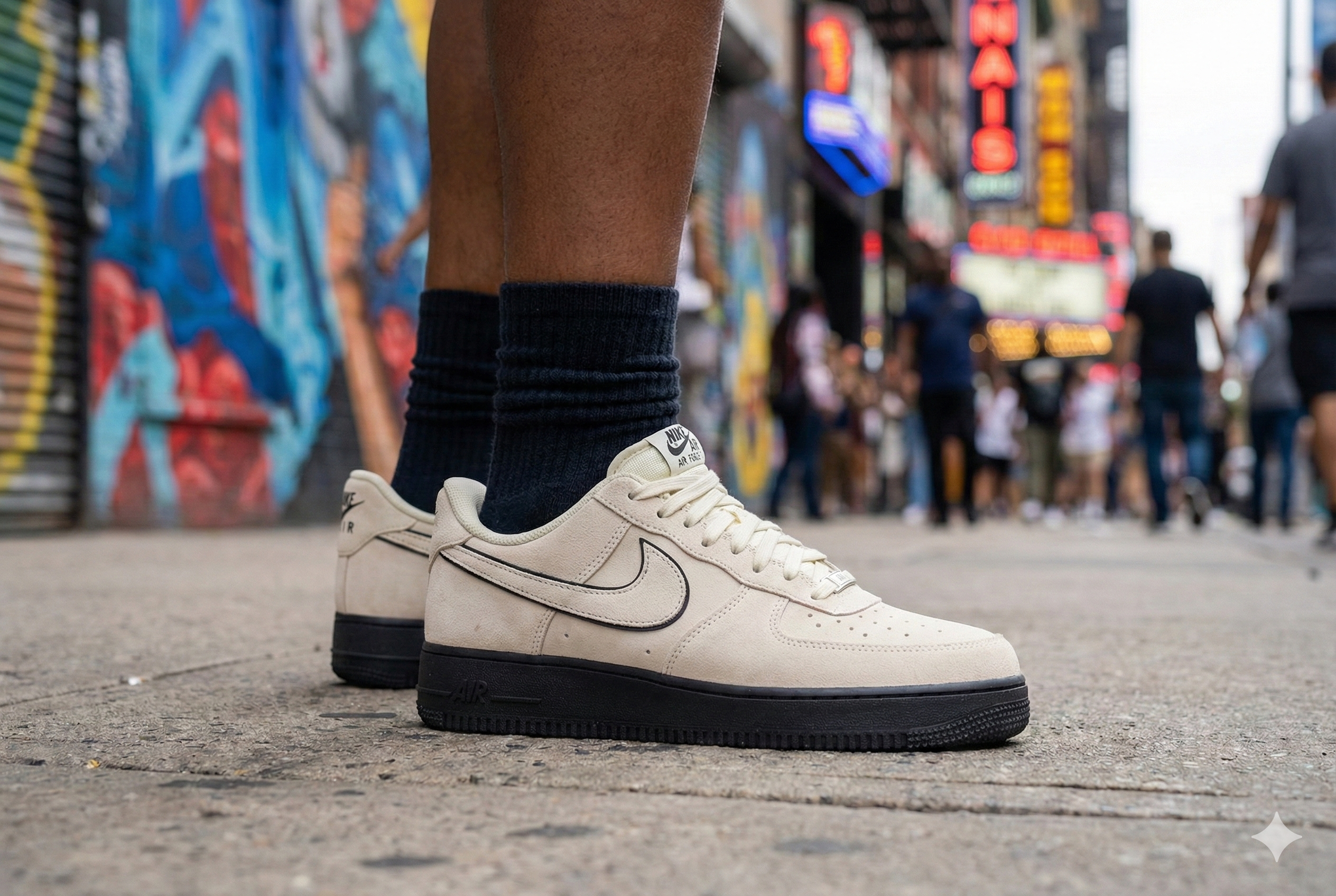 Nike Air Force 1 '07 LV8 sneakers with black soles on a street with colorful graffiti and neon signs in the background.