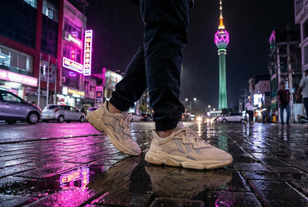 Person wearing beige OZWEEGO Shoes on a wet city street at night with illuminated buildings in Colombo.