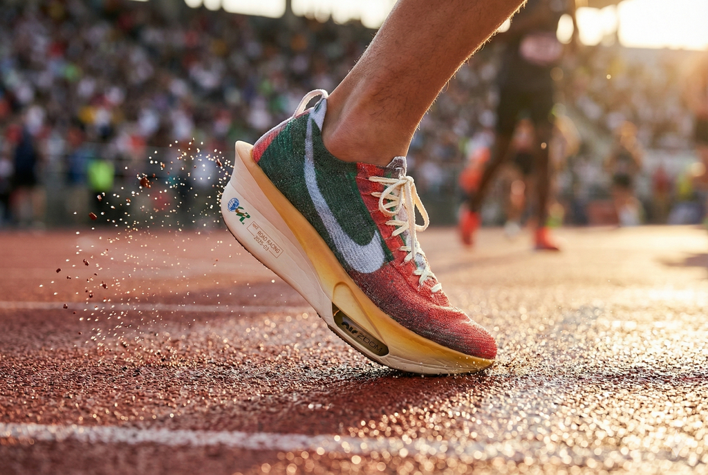 Nike Vaporfly 4 on a track with a blurred crowd in the background. Luxuntique Sri Lanka