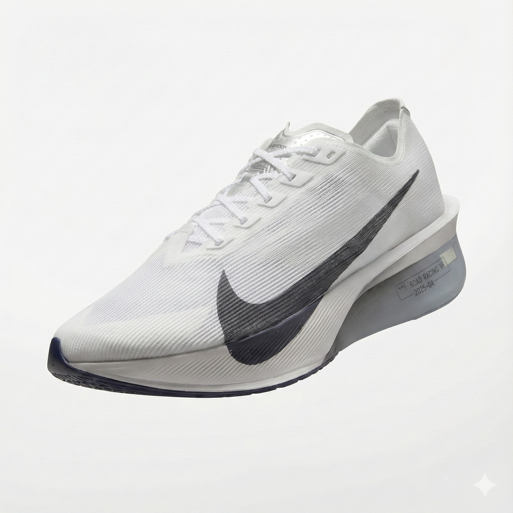 White Nike Vaporfly 4 running shoe with black swoosh logo on a light gray background