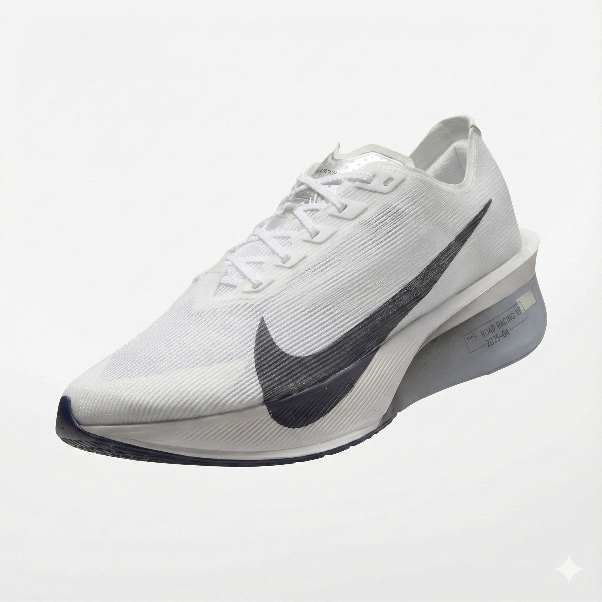 White Nike Vaporfly 4 running shoe with black swoosh logo on a light gray background