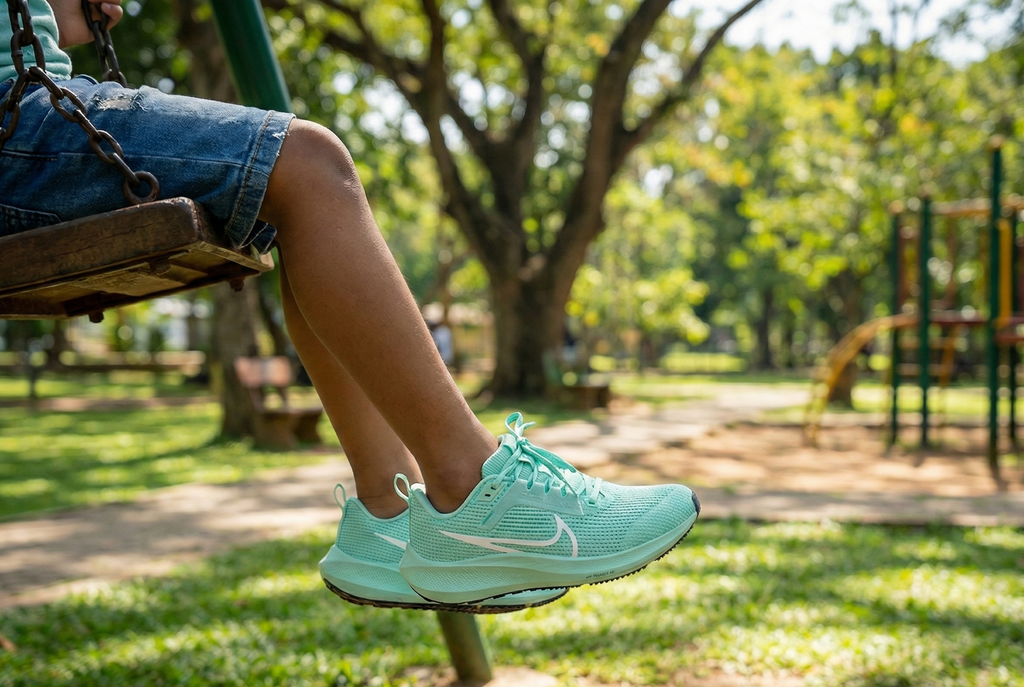 Person wearing light blue Nike Pegasus 40 sneakers on a swing in a park