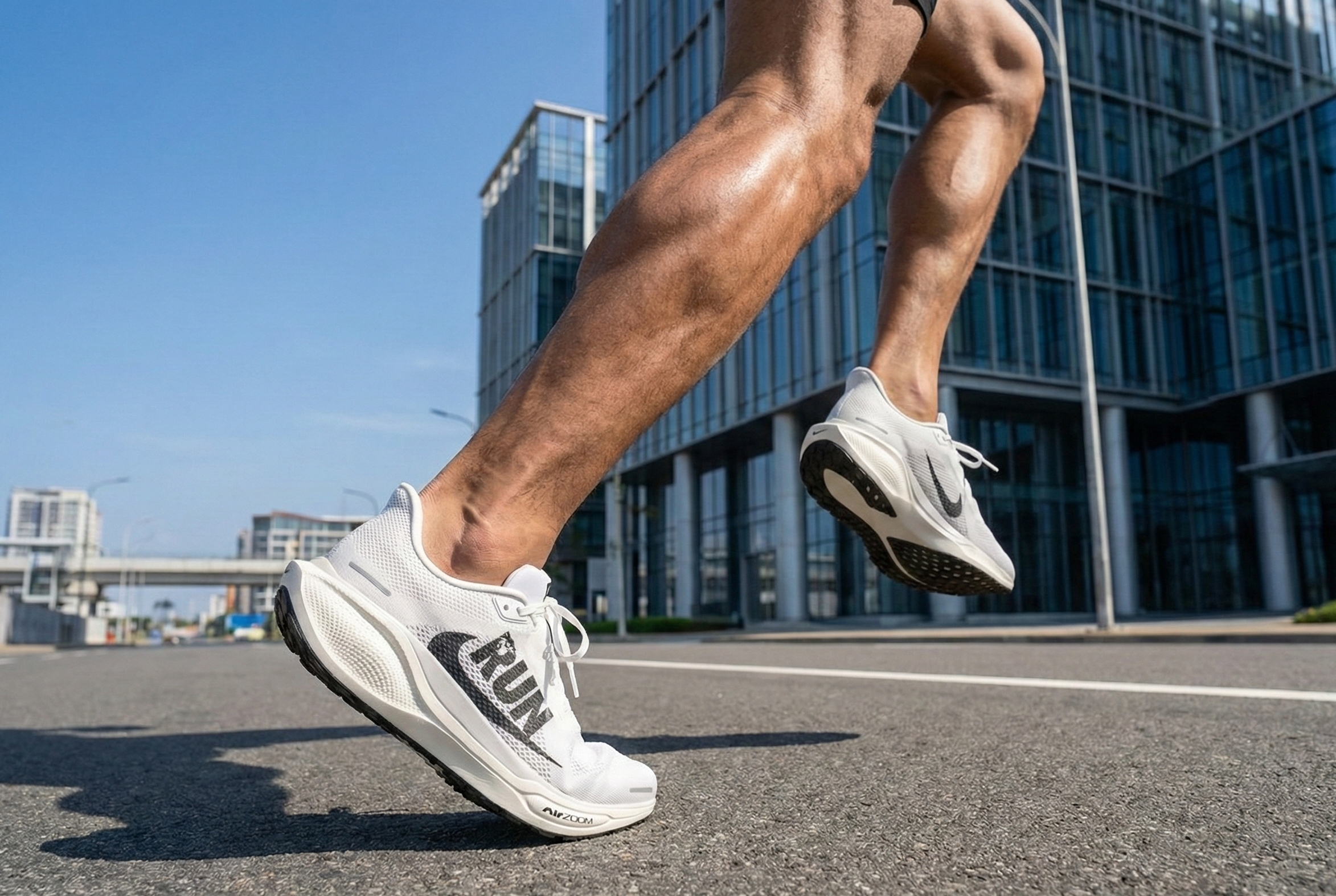 Person running on a city street wearing white Nike Pegasus 41 sneakers with 'RUN' printed on them.