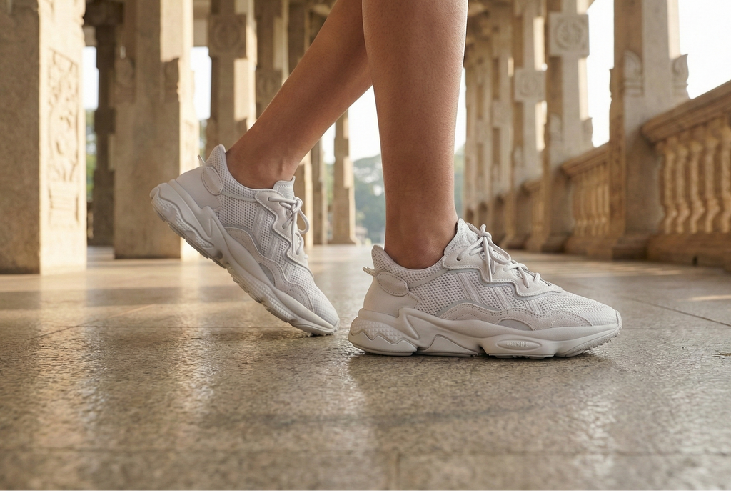 White Adidas OZWEEGO Shoes sneakers worn on a stone floor with an architectural background