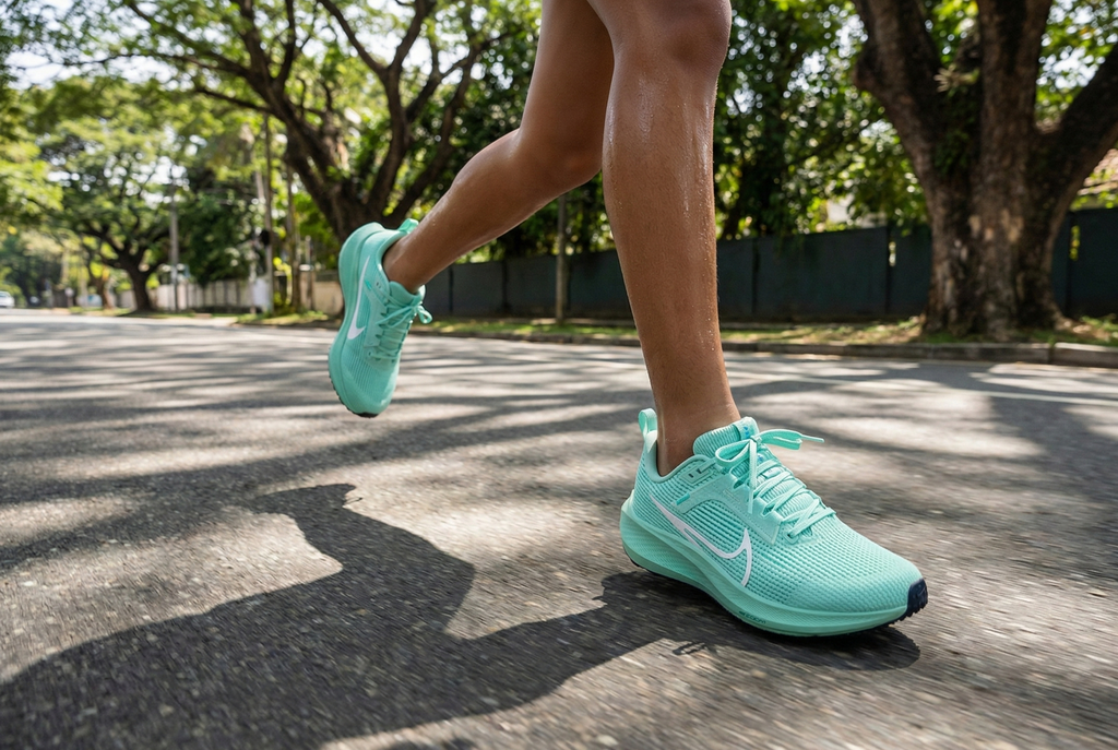 Teen wearing Nike Air Zoom Pegasus 40 running shoes on a road with trees in the background