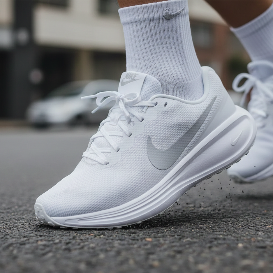 White Nike Revolution 8 running shoe on a road with blurred background. Luxuntique Sri Lanka
