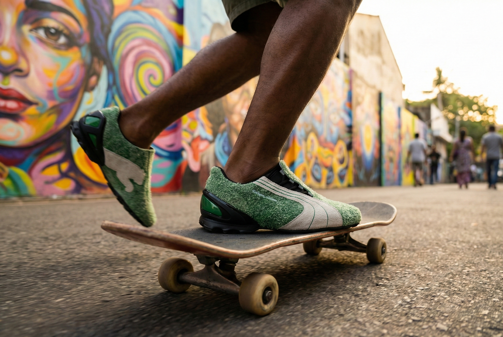 Person skateboarding wearing PUMA x KIDSUPER V-S1 Sneakers Unisex on a street with colorful murals in the background