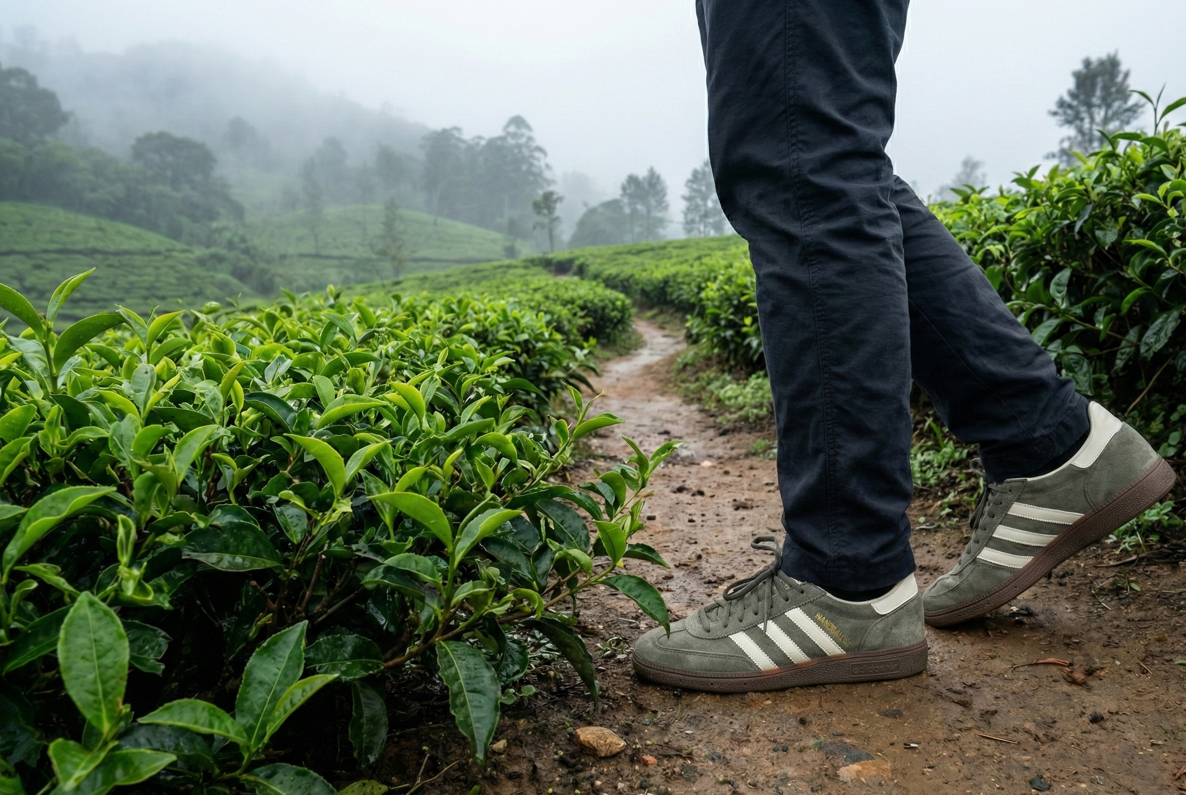 Person walking on a path through a tea plantation wearing Adidas Handball Spezial Shoes.