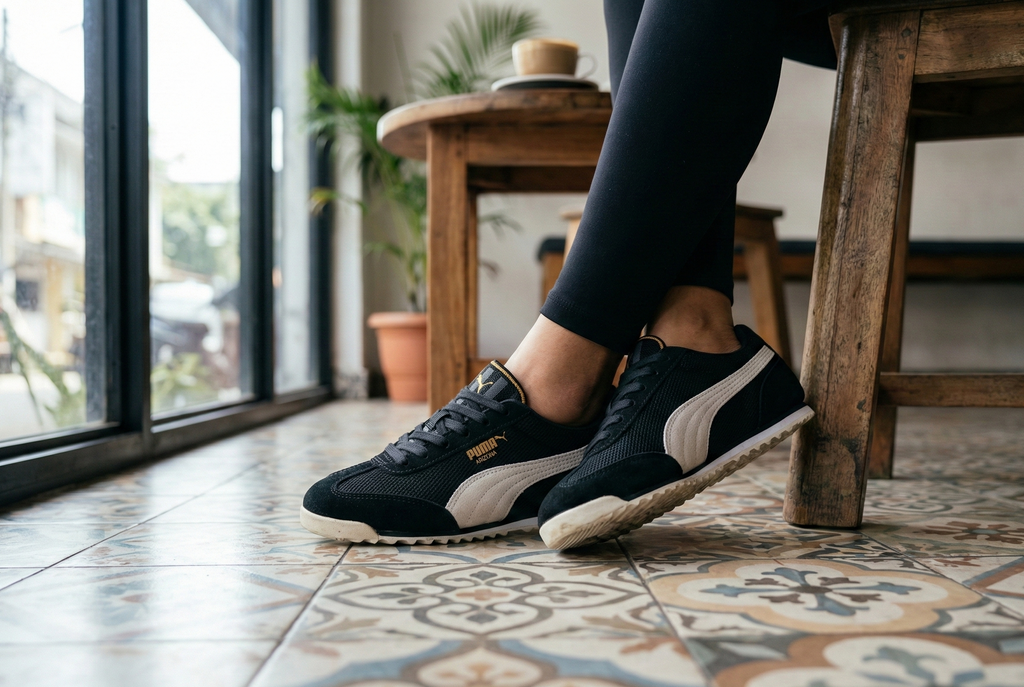 Person wearing black and white Arizona Sneakers Women on a patterned floor with a wooden chair and glass door in the background.