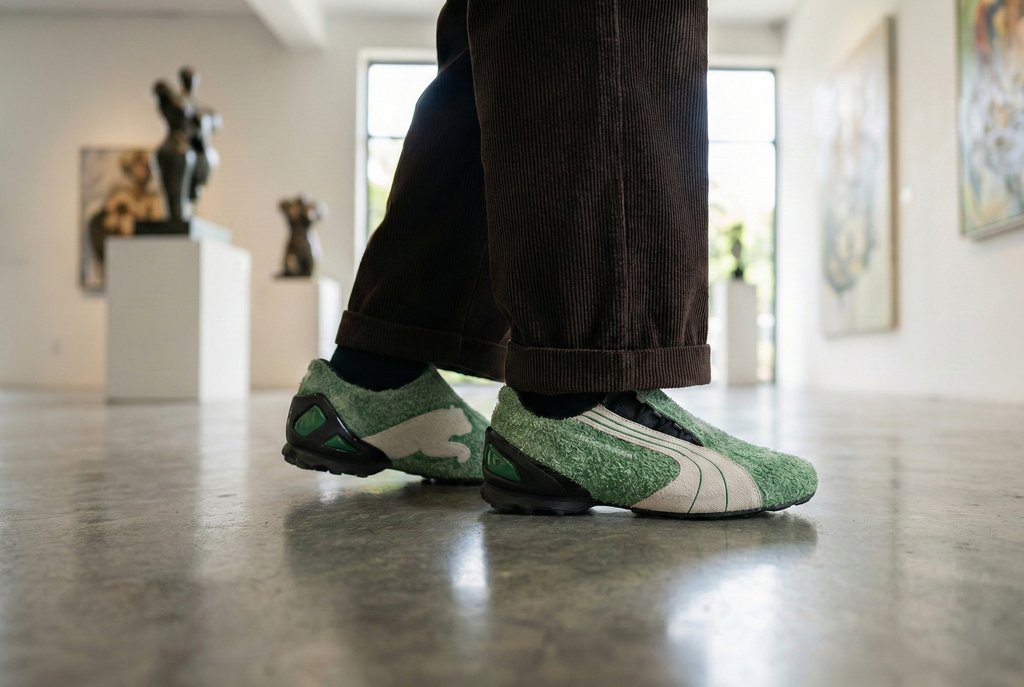 Person wearing green PUMA x KIDSUPER V-S1 Sneakers Unisex Sneakers indoors on a polished floor.