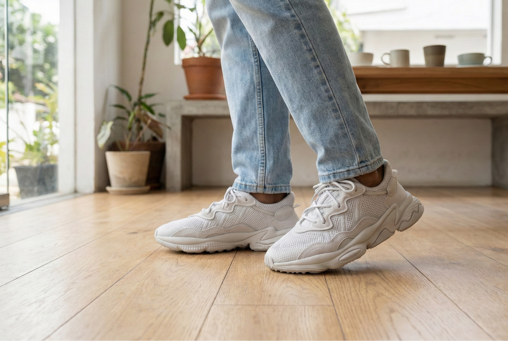 Person wearing white Adidas ozweego shoes sneakers and blue jeans standing on a wooden floor indoors.
