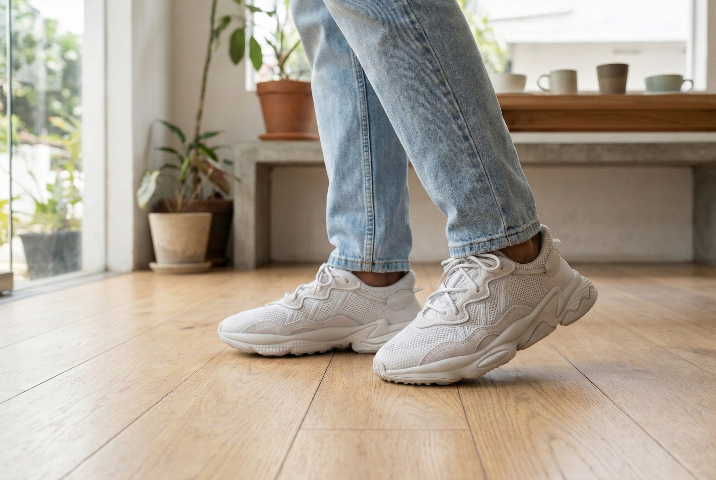 Person wearing white Adidas ozweego shoes sneakers and blue jeans standing on a wooden floor indoors.