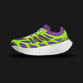 Adidas Adizero Aruku shoes in Active Purple, Solar Green, and Silver Metallic (JP5566). Features breathable mesh with futuristic overlays, curved rocker Swirlfoam midsole, and durable rubber outsole for high-energy comfort. Luxuntique guarantees 100% authentic footwear.