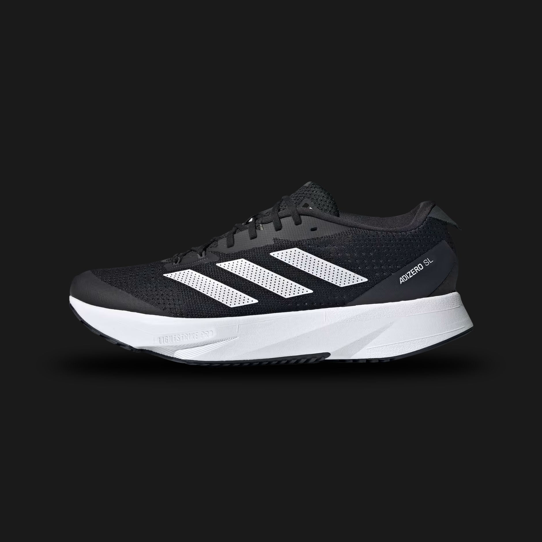 Adidas Adizero SL running shoes in Core Black, Cloud White, and Carbon (HQ1349). Features a lightweight, breathable Core Black engineered mesh upper designed for daily training. Includes crisp Cloud White 3-Stripes, a dual-foam midsole combining Lightstrike and Lightstrike Pro cushioning for maximum energy return, and a durable Carbon rubber outsole. Luxuntique guarantees 100% authentic Adidas footwear in Sri Lanka.