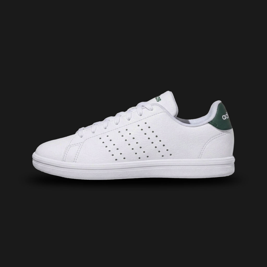 Adidas Advantage 2.0 IKD shoes in Cloud White, Core White, and Green (JK1797). Features a smooth synthetic leather upper made with recycled materials and signature perforated 3-Stripes. Classic green heel tab and tongue branding with a cushioned Cloudfoam comfort sockliner. Finished with a durable rubber cupsole. Luxuntique offers 100% authentic Adidas in Sri Lanka.