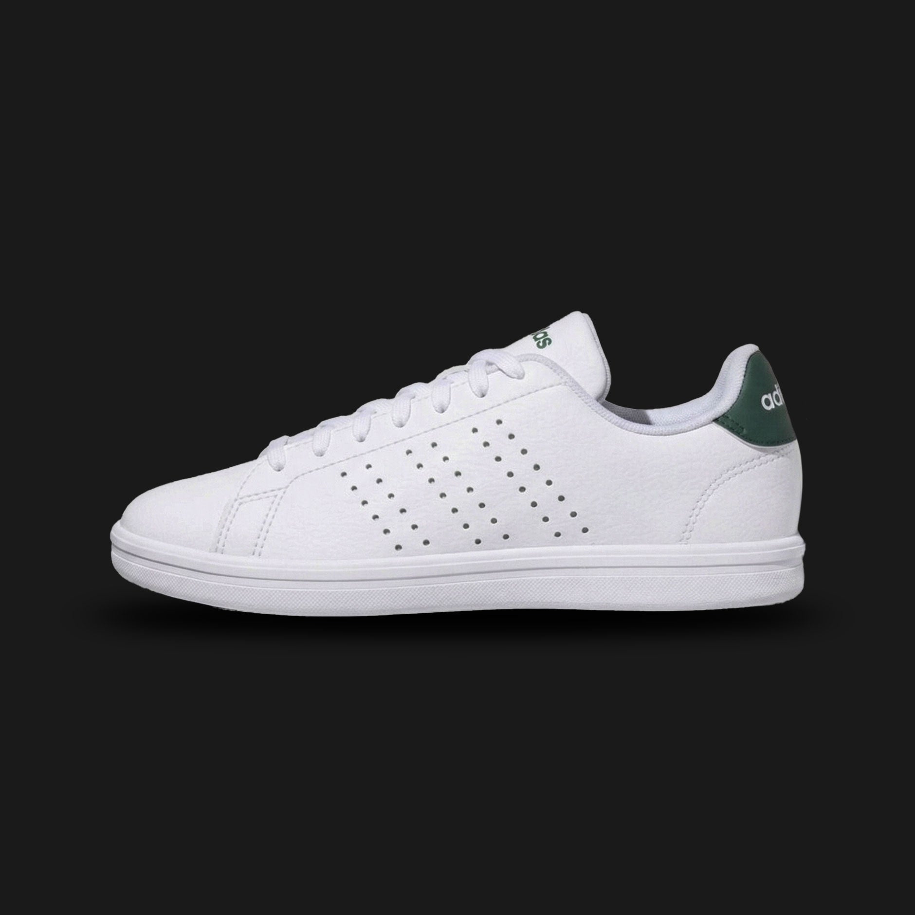Adidas Advantage 2.0 IKD shoes in Cloud White, Core White, and Green (JK1797). Features a smooth synthetic leather upper made with recycled materials and signature perforated 3-Stripes. Classic green heel tab and tongue branding with a cushioned Cloudfoam comfort sockliner. Finished with a durable rubber cupsole. Luxuntique offers 100% authentic Adidas in Sri Lanka.