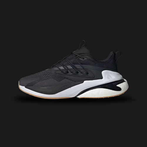 Adidas Alphaboost V2 shoes in Core Black and Cloud White (IE9155). Features a hybrid BOOST and Bounce midsole for superior energy return, a breathable mesh upper, and a durable rubber outsole for grip. Luxuntique guarantees 100% authentic "Adidas" performance footwear in Sri Lanka.