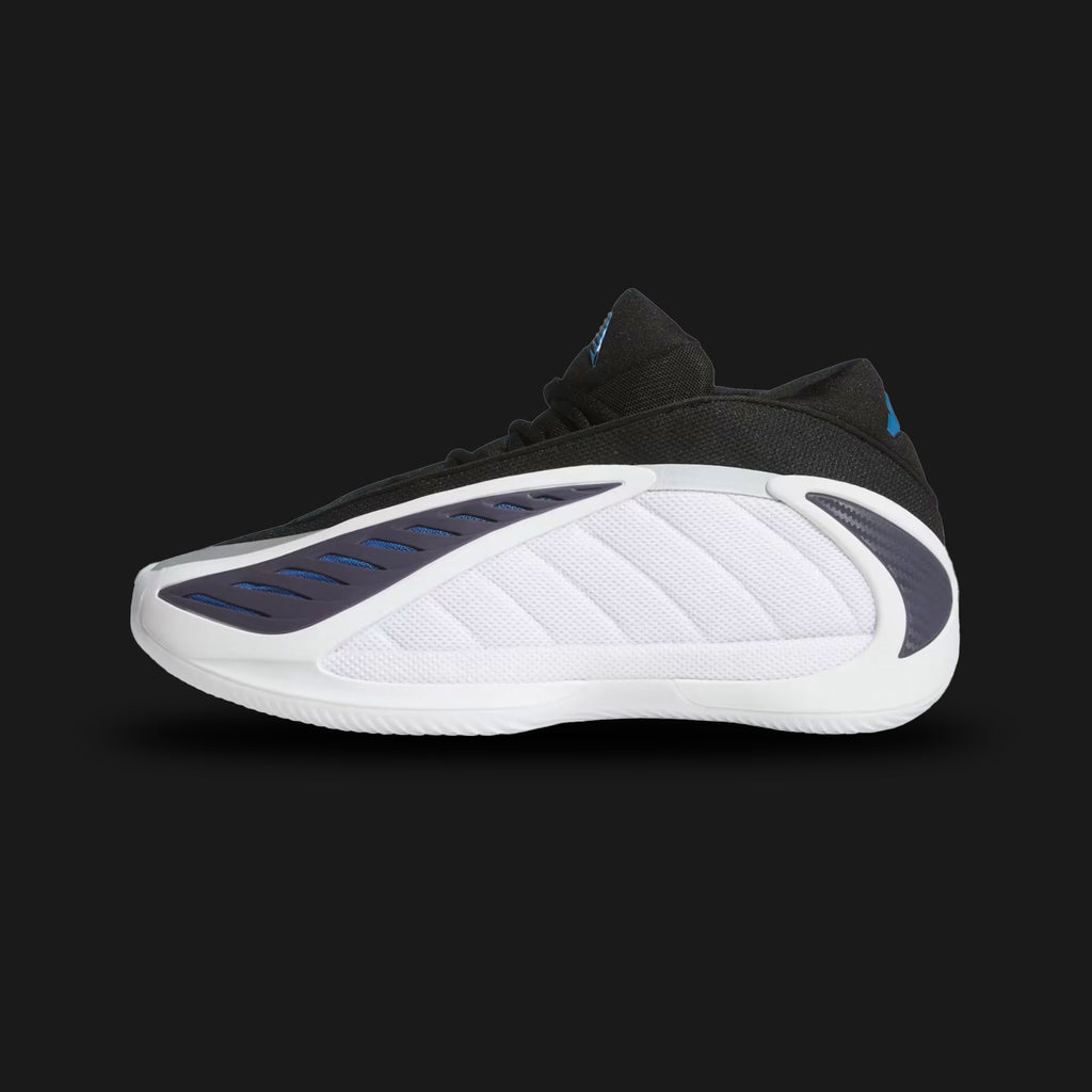 Adidas Anthony Edwards 2 shoes in Cloud White, Core Black, and Dusky Ink (JQ9493). Features a breathable textile upper with a super-light LIGHTSTRIKE and BOOST hybrid midsole for explosive energy return. High-traction rubber outsole and sleek futuristic design for dynamic court movement. Luxuntique offers 100% authentic Adidas in Sri Lanka.