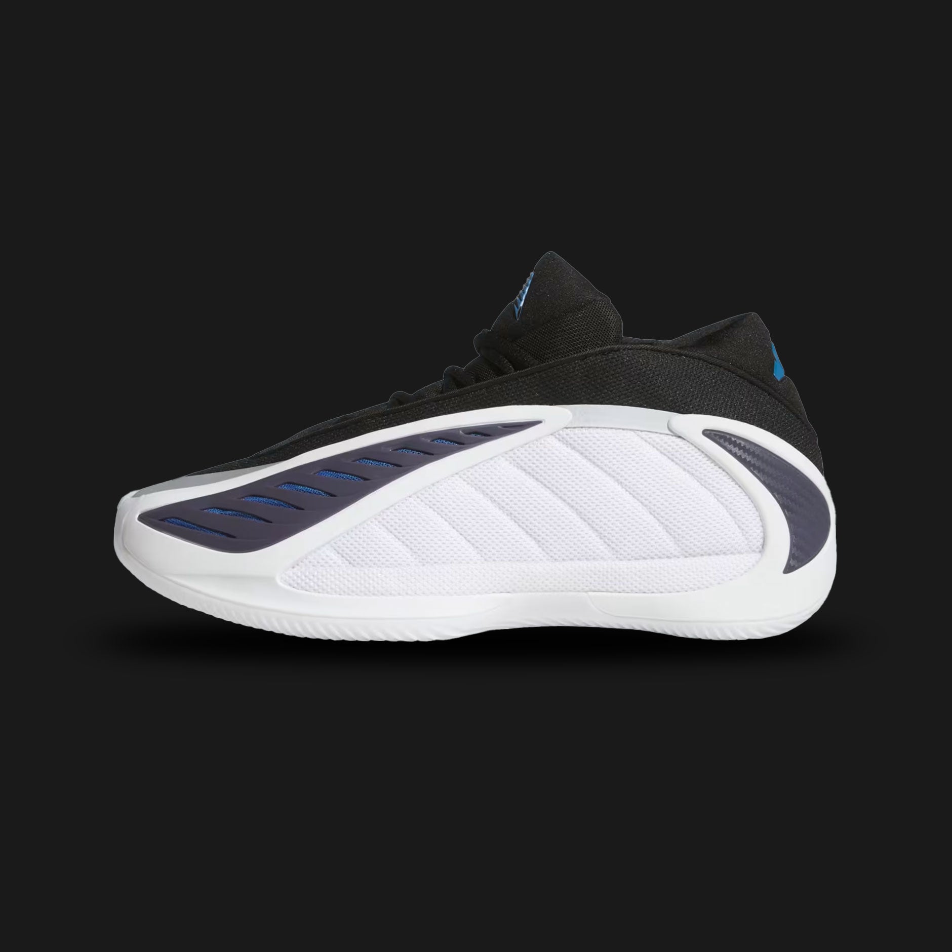 Adidas Anthony Edwards 2 shoes in Cloud White, Core Black, and Dusky Ink (JQ9493). Features a breathable textile upper with a super-light LIGHTSTRIKE and BOOST hybrid midsole for explosive energy return. High-traction rubber outsole and sleek futuristic design for dynamic court movement. Luxuntique offers 100% authentic Adidas in Sri Lanka.