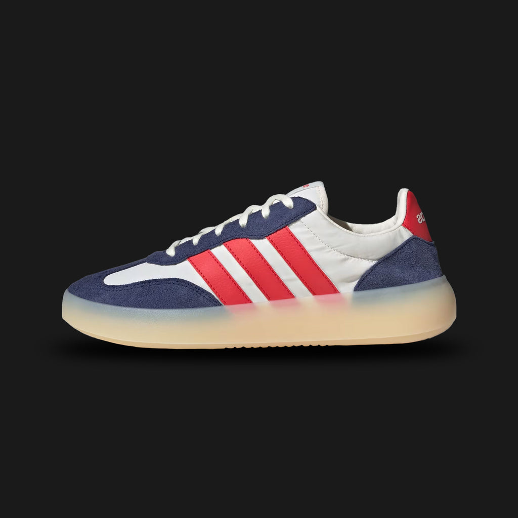 Adidas Barreda Decode shoes in Off White, Pure Ruby, and Dark Blue (JP9667). Features a vintage leather upper with premium suede overlays, contrasting 3-Stripes, a cushioned EVA foam midsole, and a durable rubber cupsole. Luxuntique guarantees 100% authentic footwear.