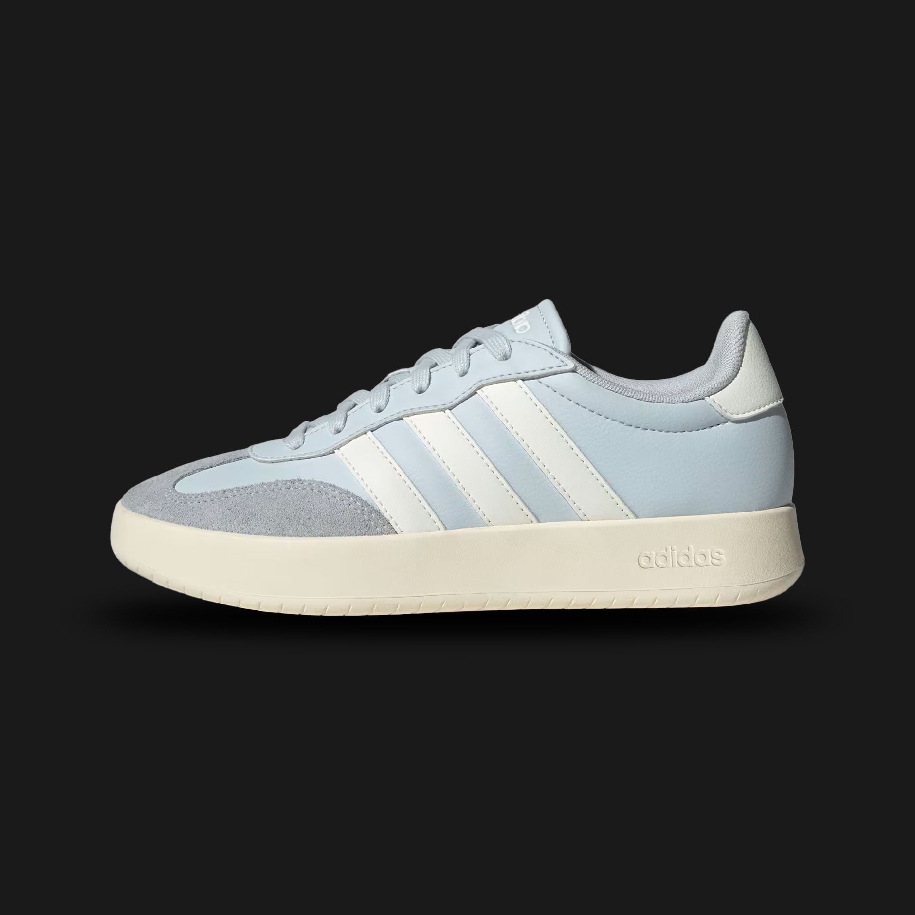 Adidas Barreda shoes in Halo Blue, Off White, and Wonder White (JR1189). Features a court-inspired low-profile silhouette with a clean synthetic leather upper, breathable perforated details, and a supportive rubber cupsole. Luxuntique guarantees 100% authentic "Adidas" footwear in Sri Lanka.