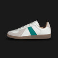 Adidas BW Army shoes in Core White, Power Green, and Gum (HQ9265). Features a German Army Trainer vintage silhouette with a premium leather upper, soft grey suede T-toe overlay, vibrant green Three-Stripes, and a gum rubber outsole. Luxuntique guarantees 100% authentic footwear.