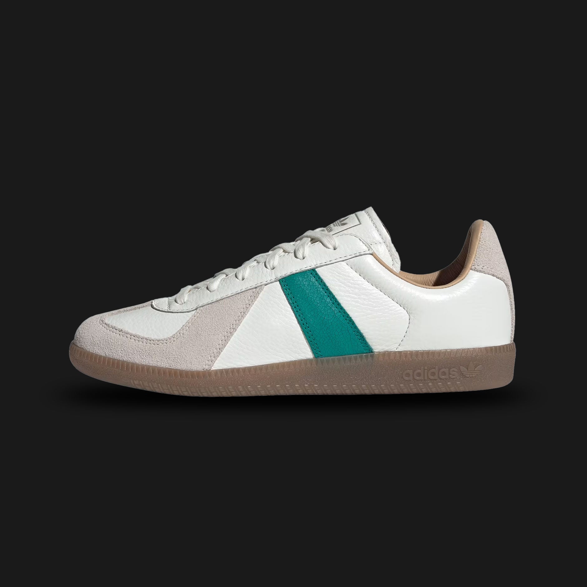 Adidas BW Army shoes in Core White, Power Green, and Gum (HQ9265). Features a German Army Trainer vintage silhouette with a premium leather upper, soft grey suede T-toe overlay, vibrant green Three-Stripes, and a gum rubber outsole. Luxuntique guarantees 100% authentic footwear.