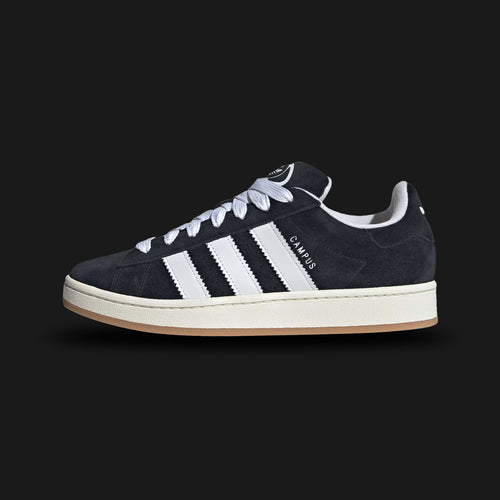 Adidas Campus 00s shoes in Core Black, Cloud White, and Off White (IE8771). Features a chunky Y2K skate-inspired silhouette with a premium Core Black suede upper and oversized Cloud White 3-Stripes. Includes fat laces, a heavily padded tongue, and an Off White vintage-style rubber cupsole. Luxuntique guarantees 100% authentic Adidas footwear in Sri Lanka.