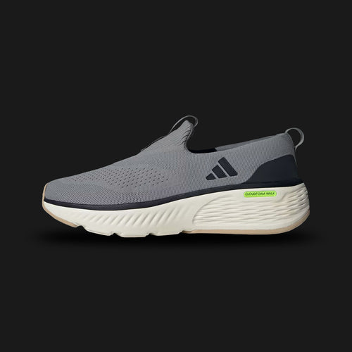 Adidas Cloudfoam Go Lounger shoes in Grey Three, Core Black, and Off White (ID4021). Features a laceless textile upper with suede overlays, plush Cloudfoam cushioning midsole, and a durable rubber outsole for easy slip-on comfort. Luxuntique guarantees 100% authentic footwear.