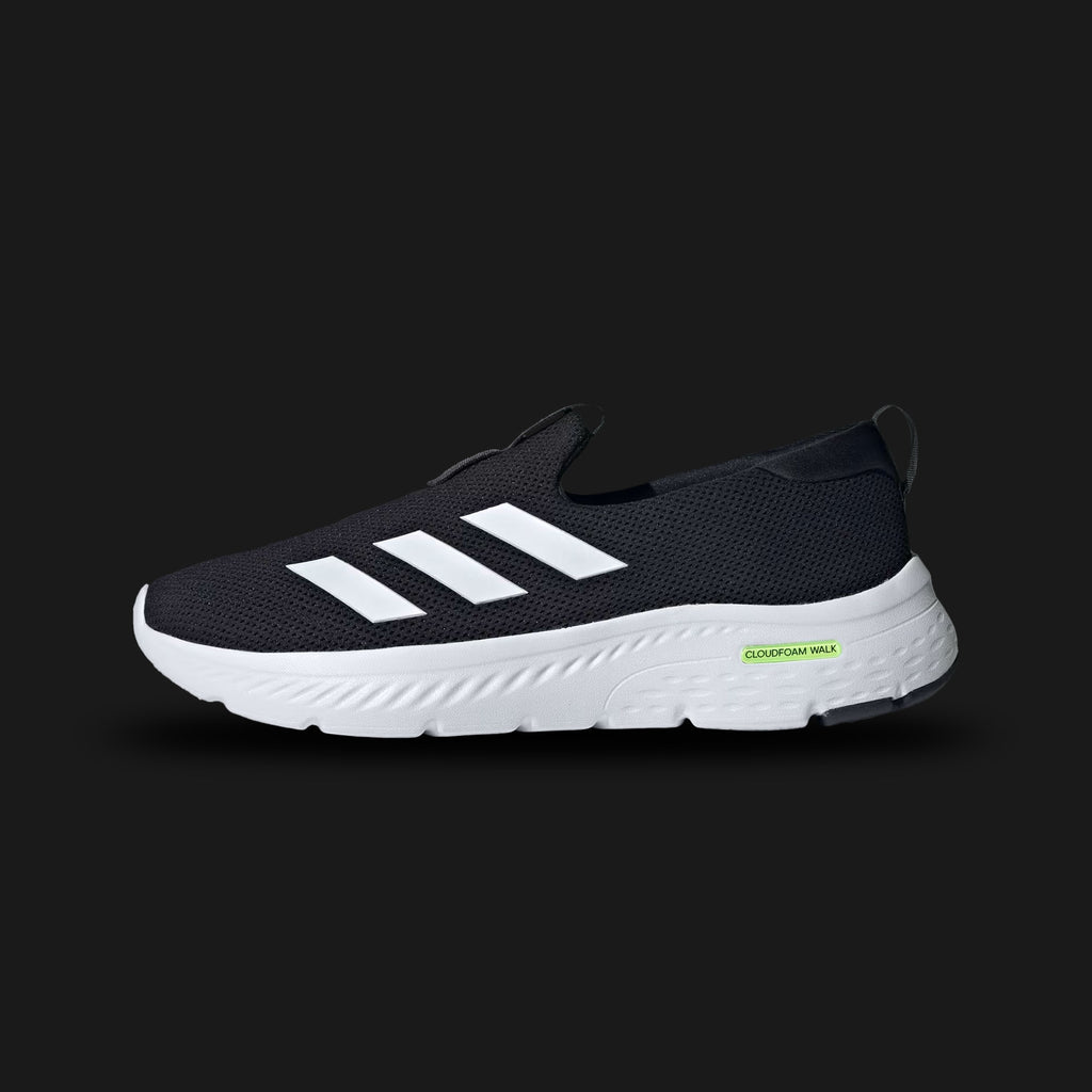 Adidas Cloudfoam Move Lounger shoes in Core Black, Cloud White, and Hi-Res Yellow (ID4063). Features a laceless textile mesh upper, plush Cloudfoam cushioning midsole, soft lining, and durable rubber outsole for easy slip-on comfort. Luxuntique guarantees 100% authentic footwear.