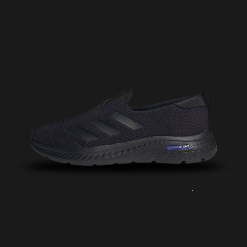 Adidas Cloudfoam Move Lounger shoes in Core Black and Lucid Blue (ID6510). Features a laceless textile mesh upper, plush Cloudfoam cushioning midsole, soft lining, and durable rubber outsole for easy slip-on comfort. Luxuntique guarantees 100% authentic footwear.
