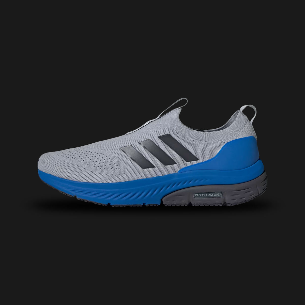 Adidas Cloudfoam Walk Sock shoes in Halo Silver, Bright Royal, and Grey Six (ID4065). Features a breathable knit sock-like upper, flexible slip-on construction, soft Cloudfoam cushioned midsole, and a durable rubber outsole. Luxuntique guarantees 100% authentic footwear.