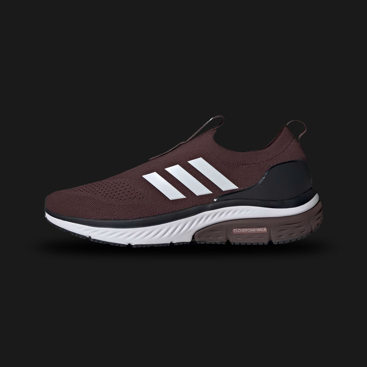 Adidas Cloudfoam Walk Sock shoes in Shadow Brown, Core Black, and Cloud White (ID4063). Features a breathable knit sock-like upper, flexible slip-on construction, soft Cloudfoam cushioned midsole, and a durable rubber outsole. Luxuntique guarantees 100% authentic footwear.