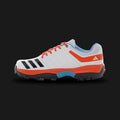 adidas CRI NU 23 cricket and sports shoes in Cloud White, Semi Blue Burst, and Semi Impact Orange (Design Code: IU7871). Featuring a durable synthetic upper in Cloud White with energetic Semi Blue Burst and Semi Impact Orange gradients and Core Black three-stripes. Built with a reinforced toe cap and a multi-surface rubber outsole for turf and street cricket. Luxuntique offers 100% authentic adidas cricket performance sneakers at the lowest price in Sri Lanka.