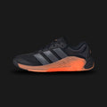 Adidas Dropset 4 Training Shoes in Core Black, Aurora Onix, and Lucid Orange (JR4677). Features a dual-density midsole with a firm stable heel for lifting and a soft forefoot for agility. Includes a wide toe-box, breathable mesh upper with TPU side-wall support, and high-traction Adiwear outsole. Vibrant orange accents. Luxuntique offers 100% authentic Adidas in Sri Lanka.