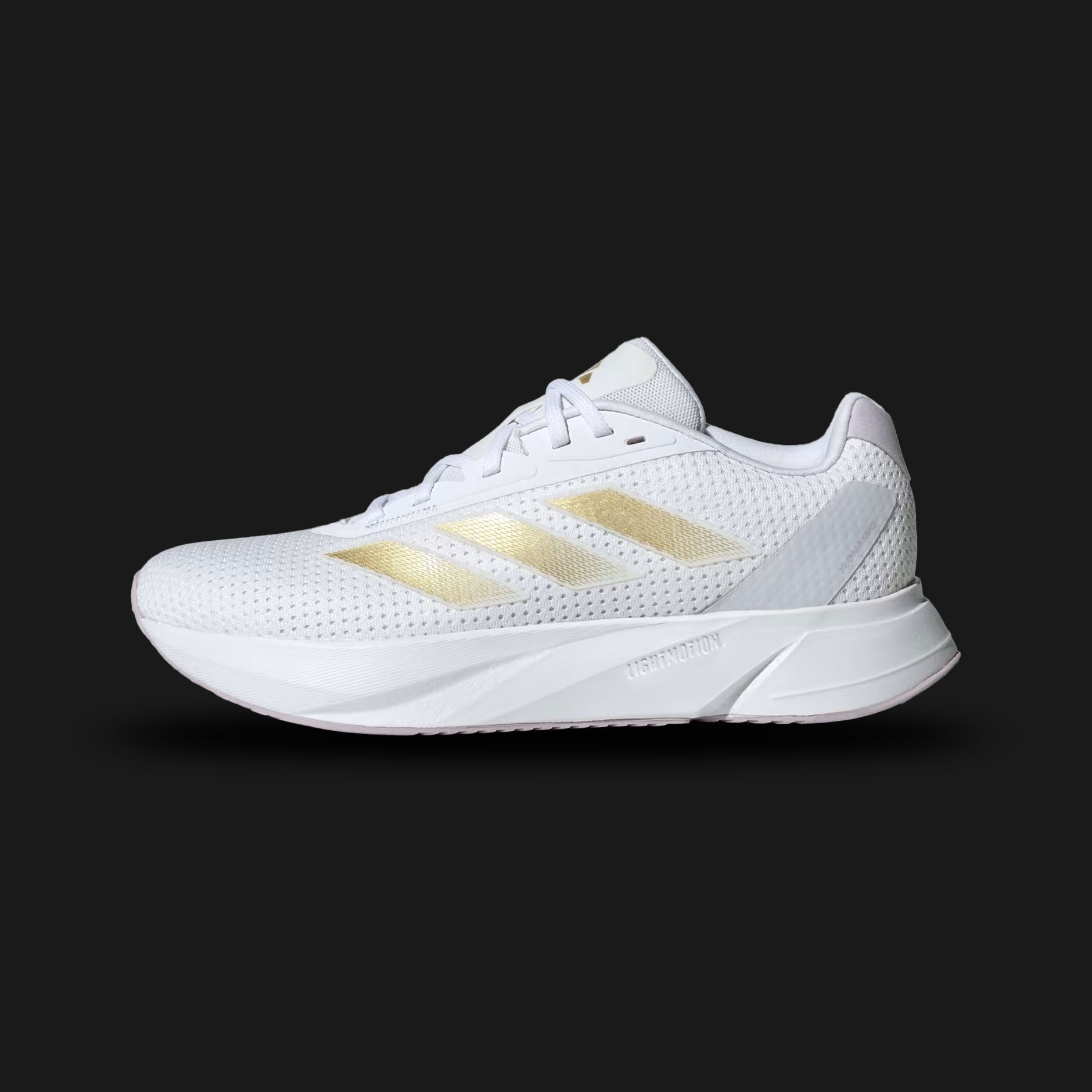 Adidas Duramo SL shoes in Cloud White, Gold Metallic, and Dash Grey (IF7883). Features a lightweight mono mesh upper, a stable LIGHTMOTION midsole for responsive cushioning, and a durable Adiwear outsole for multi-surface grip. Luxuntique guarantees 100% authentic "Adidas" footwear in Sri Lanka.