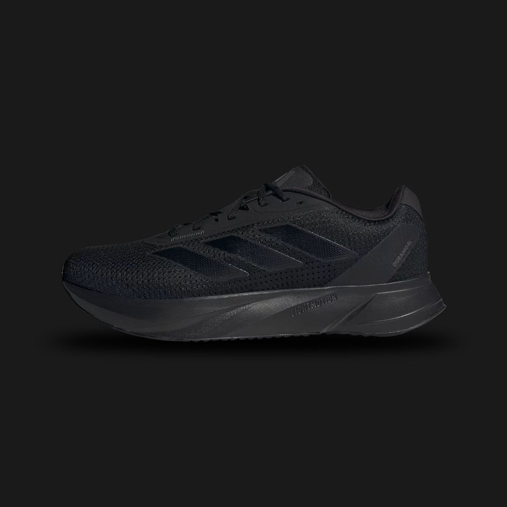 Adidas Duramo SL shoes in Core Black and Cloud White (IE7261). Features a lightweight mesh upper for ventilation, a responsive LIGHTMOTION midsole for versatile cushioning, and a durable Adiwear outsole for multi-surface traction. Luxuntique guarantees 100% authentic "Adidas" performance footwear in Sri Lanka.