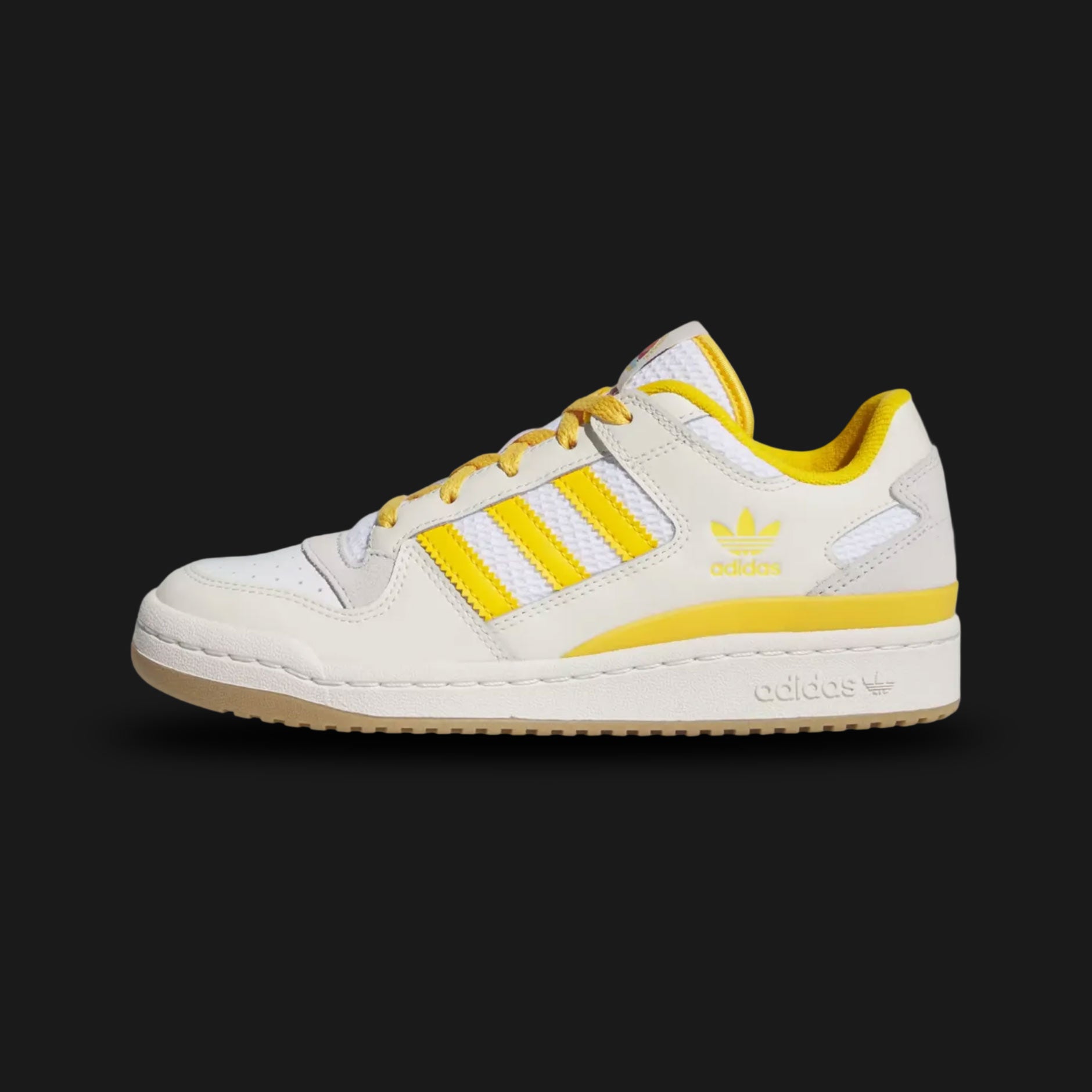 adidas Forum Low shoes in Cream White, Crew Yellow, and Cloud White (Design Code: IF2740). Featuring a premium leather upper with vintage cream tones, vibrant yellow three-stripes, and the iconic hook-and-loop ankle strap. Includes a durable rubber cupsole for a classic 80s basketball look. Luxuntique offers 100% authentic adidas Forum sneakers at the lowest price in Sri Lanka.