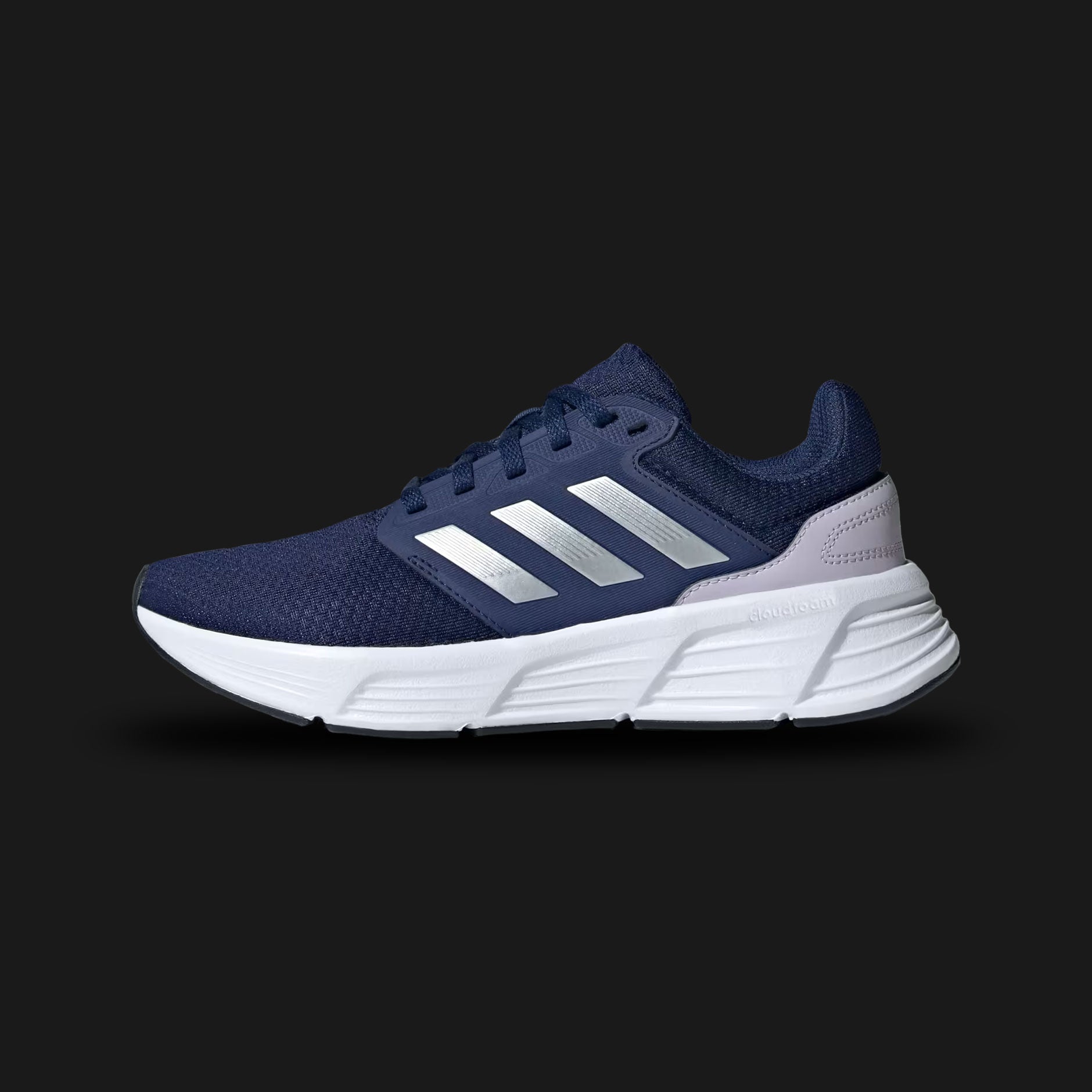 Adidas Galaxy 6 shoes in Dark Blue and Silver Metallic (IE8146). Features a breathable OrthoLite sockliner, a plush Cloudfoam cushioned midsole for step-in comfort, and a durable rubber outsole for reliable multi-surface grip. Luxuntique guarantees 100% authentic "Adidas" footwear in Sri Lanka.