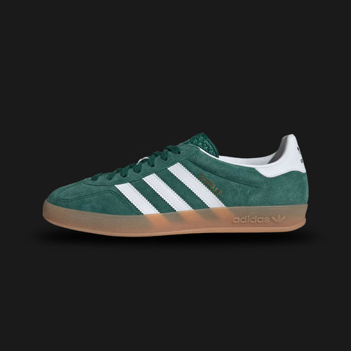 Adidas Gazelle Indoor shoes in Collegiate Green, Cloud White, and Gum (JI2062). Features a premium forest green suede upper with crisp white leather Three Stripes, gold foil Gazelle branding, and the signature translucent gum rubber outsole. A classic terrace-culture silhouette. Luxuntique offers 100% authentic Adidas in Sri Lanka.